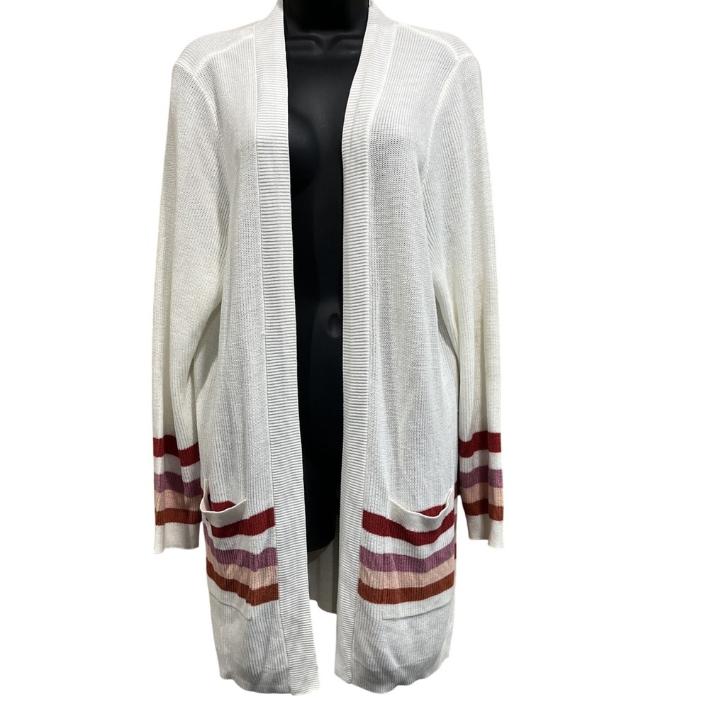 Torrid Womens Duster Cardigan Sweater 2X White Open Front Knit Pockets Stripe